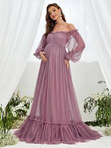 Maternity Off Shoulder Lantern Sleeve Ruffle Hem Mesh Elegant Dress, For Party - Dusty Pink - View 3