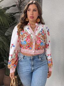 SHEIN VCAY 大碼印花前紐扣短款襯衫 - 彩色 - 查看 3