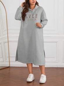 SHEIN Essnce Plus Letter Graphic Split Hem Drawstring Hooded Dress Graduation,Back To School Outfits,Graduation,Teacher Outfits For Women,Back To School Winter Fall Autumn - Light Grey - View 3