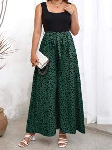 SHEIN Holidaya 大碼斑點印花闊腿腰帶連身褲 - 墨綠色 - 查看 1