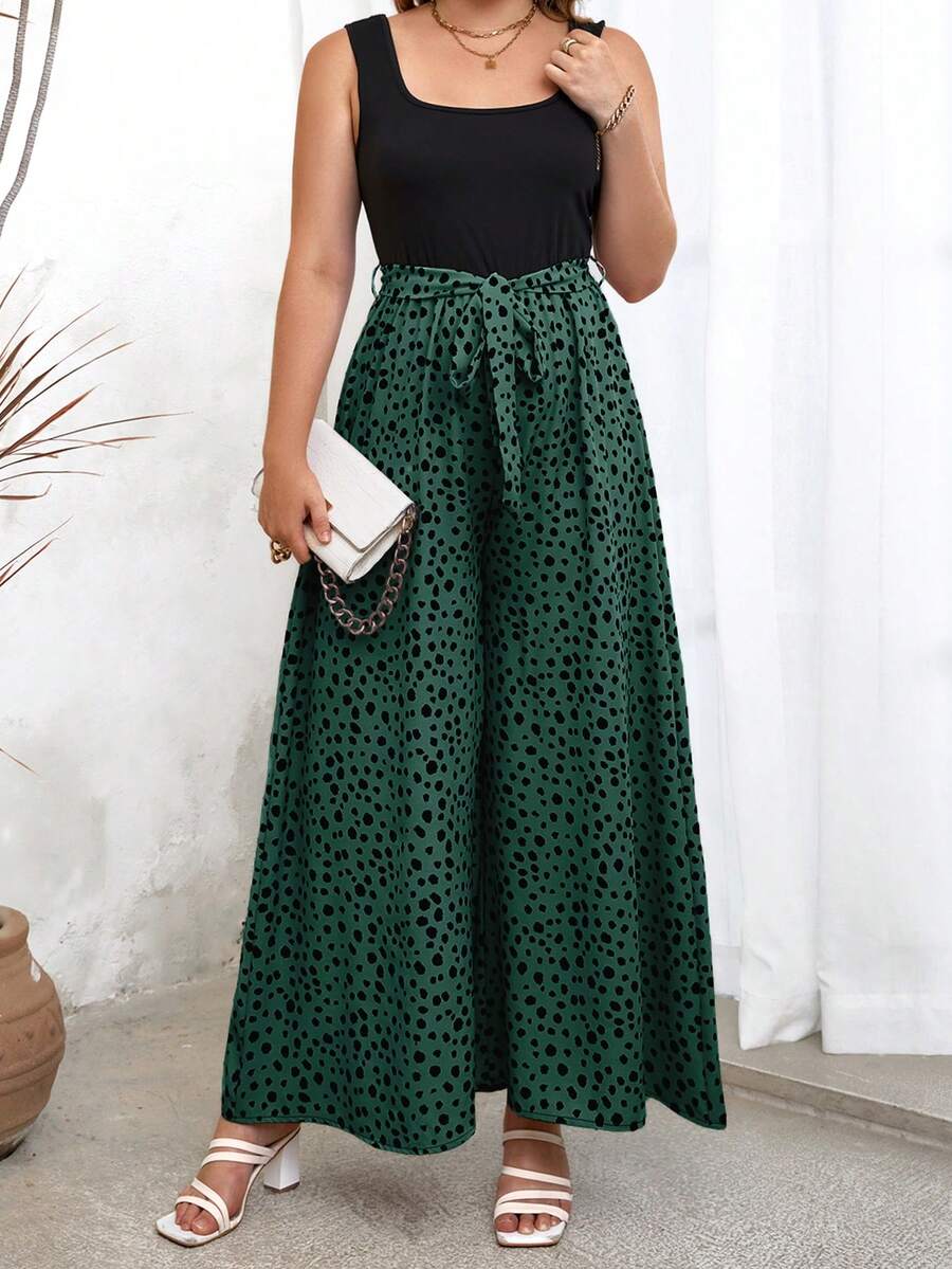 SHEIN Holidaya 大碼斑點印花闊腿腰帶連身褲 - 墨綠色 - 查看 1