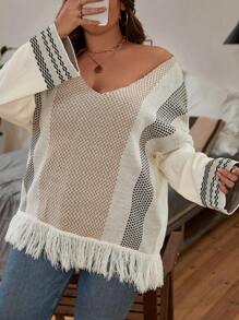 SHEIN LUNE Plus Striped Pattern Fringe Hem Drop Shoulder Sweater - Apricot - View 6