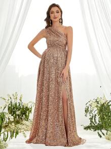 Maternity One Shoulder Split Thigh Sequin Formal Dress - Champagne - View 3