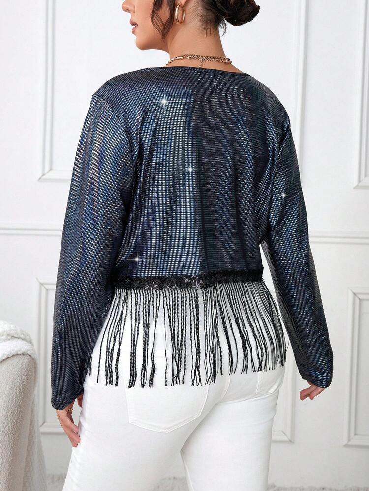 Plus Fringe Hem Open Front Jacket Fall Cloth For Women