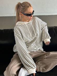 DAZY Striped Print Drop Shoulder Drawstring Hoodie,Long Sleeve Tops Sweatshirt - Apricot - View 3