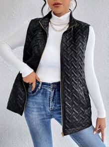 SHEIN Essnce Zip Up Vest Quilted Coat - Black - View 5