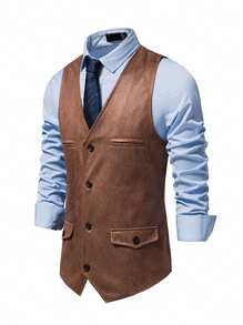 Men Button Front Waistcoat - Khaki - View 4