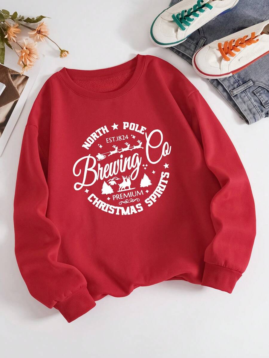 INAWLY 聖誕印花保暖襯裡衛衣 - 紅色 - 查看 1