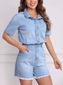 SHEIN Privé Nút phía trước Raw Hem Áo liền quần denim - Rửa nhẹ - Xem 4