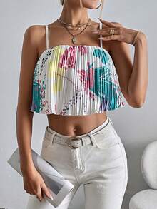SHEIN Essnce 圖案印花百褶吊帶上衣 - 彩色 - 查看 3