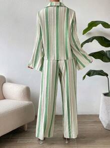 SHEIN Unity Striped Print Flare Sleeve Shirt & Wide Leg Pants Fall Cloth For Women - Apricot - View 3