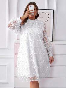 SHEIN Clasi 大碼蝴蝶貼花網紗覆蓋洋裝 - 白色 - 查看 5