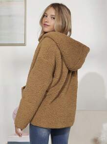 Teen Girl Dual Pocket Drop Shoulder Hooded Teddy Coat - Brown - View 2