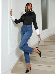 SHEIN Privé Zipper Fly Mom Fit Jeans - Blue - View 6