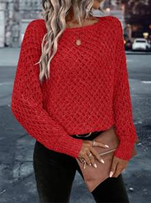 SHEIN Clasi Boat Neck Batwing Sleeve Sweater - Red - View 6