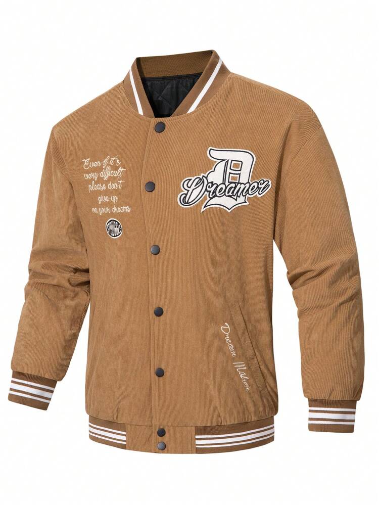 Loose Men's Padded Coat With Embroidered Slogan Pattern And Striped Trimming