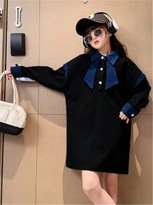 Tween Girl Contrast Panel Drop Shoulder Polo Neck Dress - Black - View 1