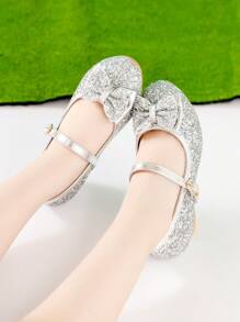 Zapatos De Fiesta Para Niños Decorados Con Lazo De Purpurina Plateado, Adecuados Para Vestidos De Otoño E Invierno - Plateado - Ver 3
