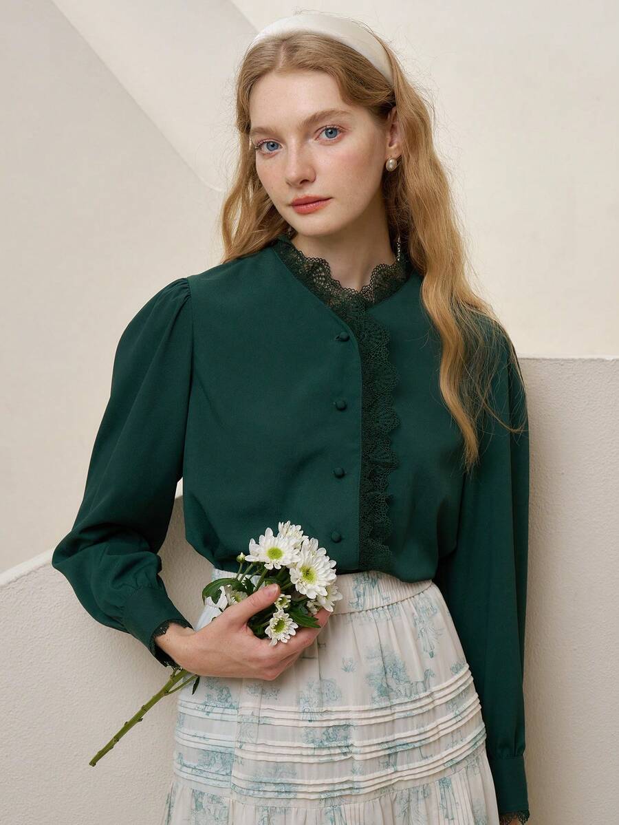 Simple Retro Blusa con encaje en contraste con botón delantero manga larga - Verde Oscuro - Ver 1