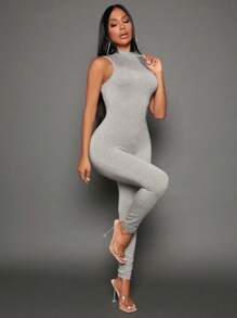 SHEIN SXY Solid Mock Neck Unitard Jumpsuit - Grey - View 4