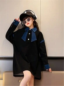 Tween Girl Contrast Panel Drop Shoulder Polo Neck Dress - Black - View 4