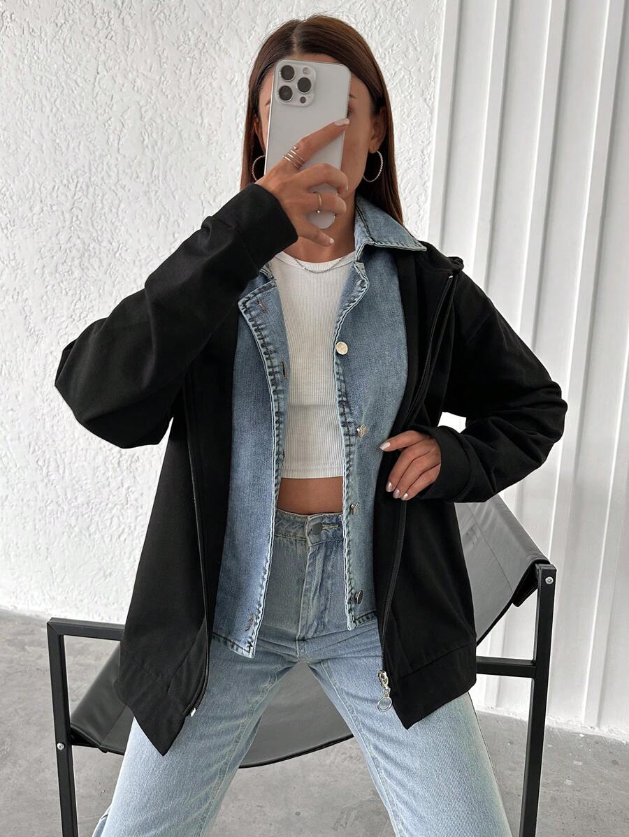 EURMUSE Women's Casual Hooded Long Sleeve 2 In 1 Jacket - Black - View 1