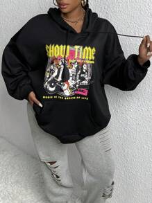 Slaydiva Plus Size Figure & Letter Graphic Drop Shoulder Drawstring Sweatshirt - Black - View 5