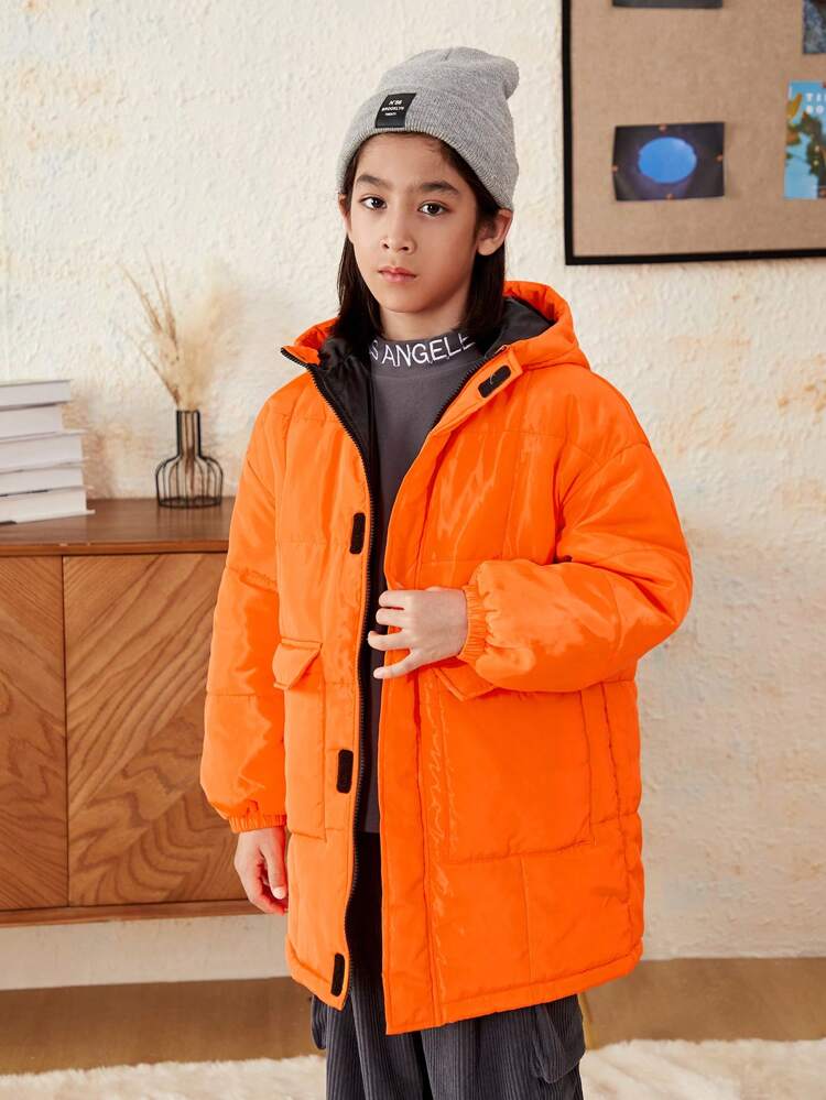Boys' Letter Graphic Print Hooded Mid-Length Parka Coat, Thick Warm Winter Jacket