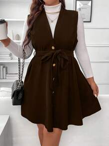 SHEIN Franclia Plus Button Front Sleeveless Belted Dress Without Sweater - Brown - View 1