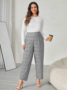 SHEIN Frenchy Plus Plaid Print Fold Pleated Pants - Black and White - View 4