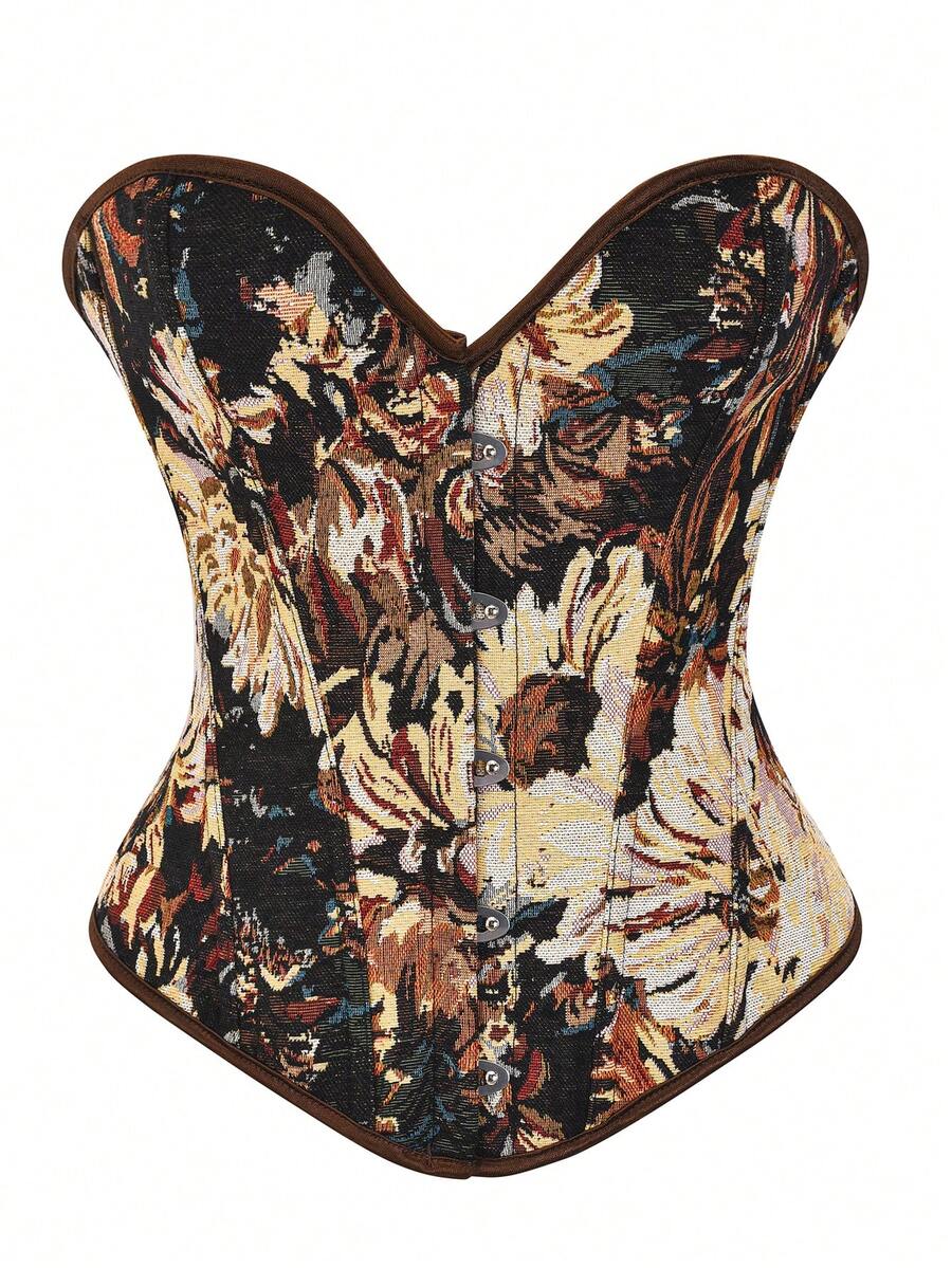 Plus Size Floral Print Backless Tie Corset Top, Suitable For New Year Party, Valentine's Day, Holiday, Easter Dress, Halloween Costume, Vintage - Black - View 1