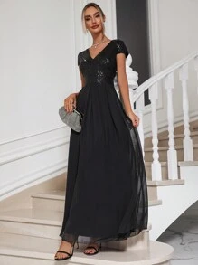 Chiquease 对比色亮片雪纺舞会礼服长款女装