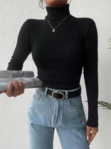 RueChic Turtleneck Ribbed Knit Sweater - Black - View 3