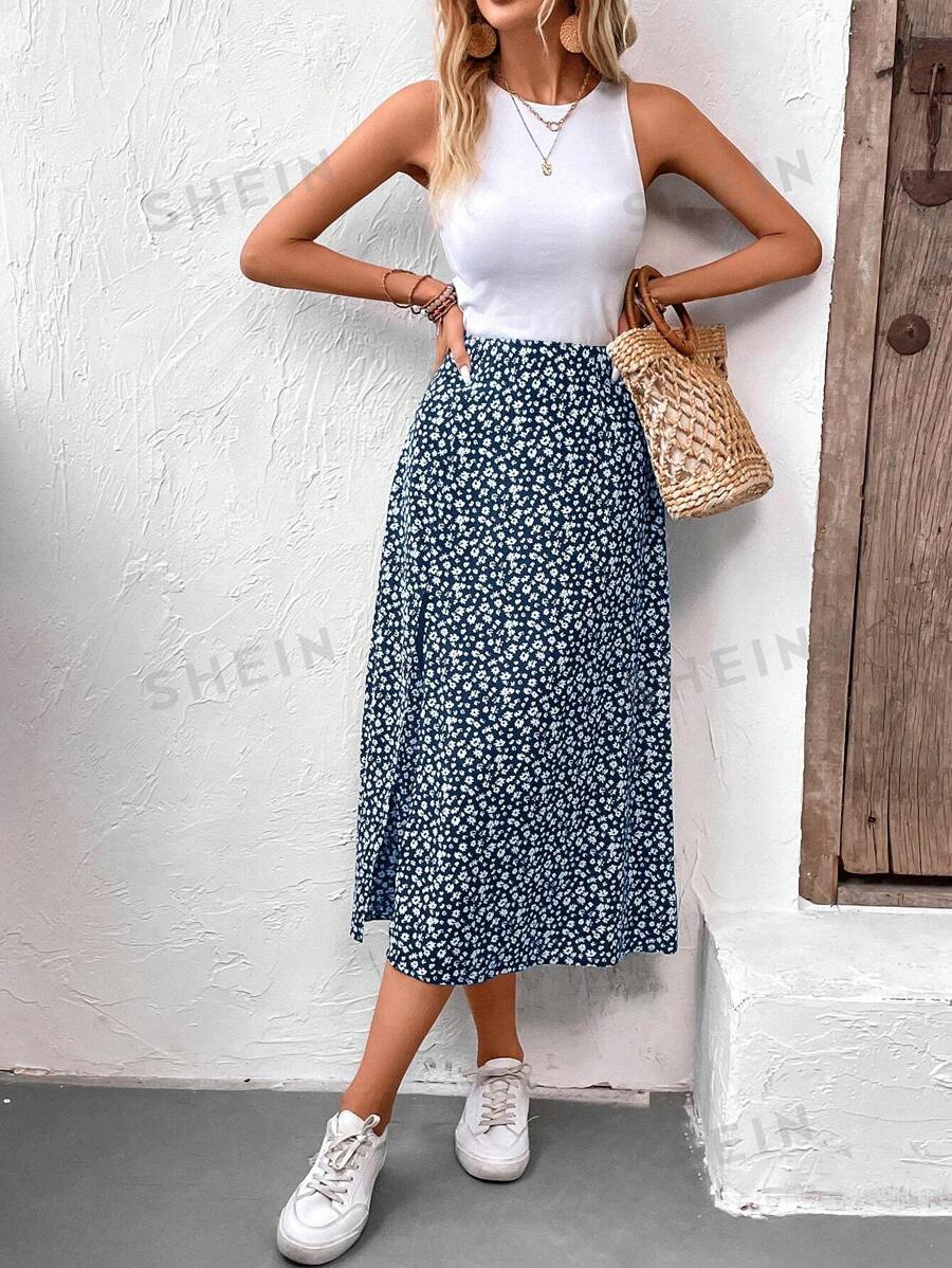 SHEIN Frenchy Falda hasta el muslo con abertura y estampado floral de florecitas