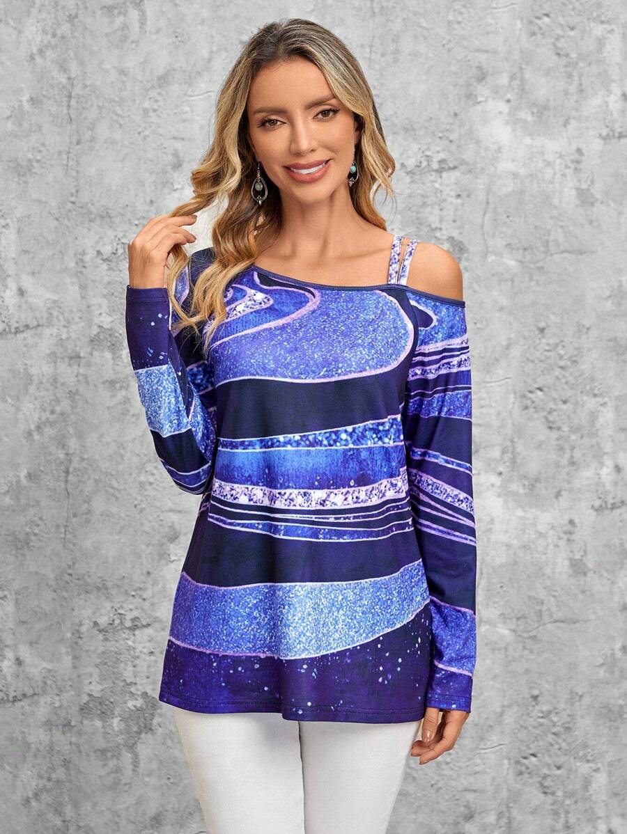 EMERY ROSE Asymmetrical Neck Graphic Print Tee - Blue - View 1