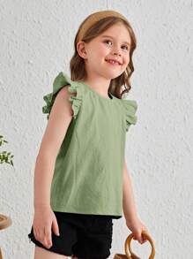 SHEIN Cô Gái Trẻ Viền Ruffle Nút Quay lại Curved Hem Áo sơ mi - Màu xanh Bạc hà - Xem 3