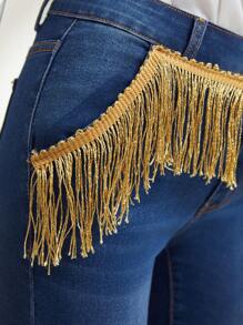 SHEIN Privé Vaqueros de pierna acampanada con ribete de flecos y cintura alta - Azul - Ver 3