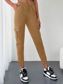 EURMUSE Flap Pocket Side Drawstring Waist Sweatpants - Brown - View 3
