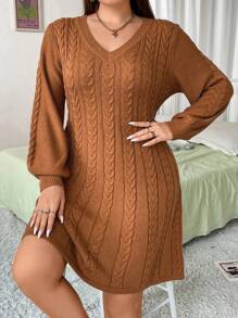 Flirla Plus Cable Knit V Neck Sweater Dress, For Winter Fall Cloth For Women