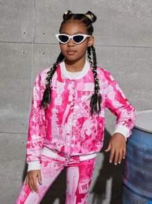 SHEIN Tween Girl Cartoon Figure Graphic Bomber Jacket - Hot Pink - View 3