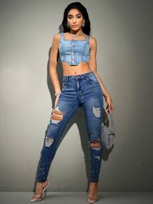SHEIN BAE Quần Jeans Rách Họa Tiết Kim Cương Giả - Màu xanh lam - Xem 4