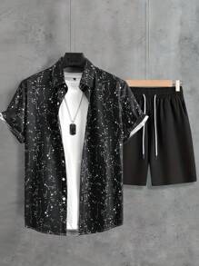 Manfinity 男士潑墨圖案襯衫&腰部抽繩短褲不帶T恤 - 黑色 - 查看 1