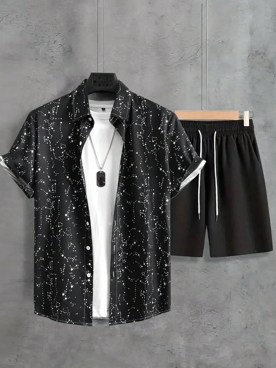 Manfinity 男士潑墨圖案襯衫&腰部抽繩短褲不帶T恤 - 黑色 - 查看 1