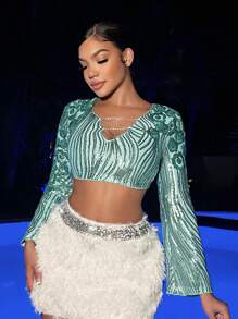 SHEIN SXY Rhinestone Detail Flare Sleeve Sequin Crop Top - Mint Green - View 3