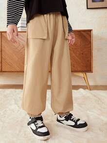 SHEIN Tween Boy Letter Patched Detail Flap Pocket Side Pants - Khaki - View 6