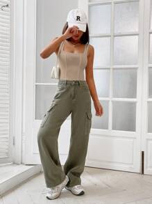 SHEIN EZwear Solid Square Neck Tank Bodysuit - Apricot - View 8