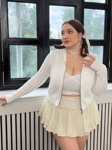 SHEIN Qutie Plus Zip Up Cable Knit Cardigan - White - View 6