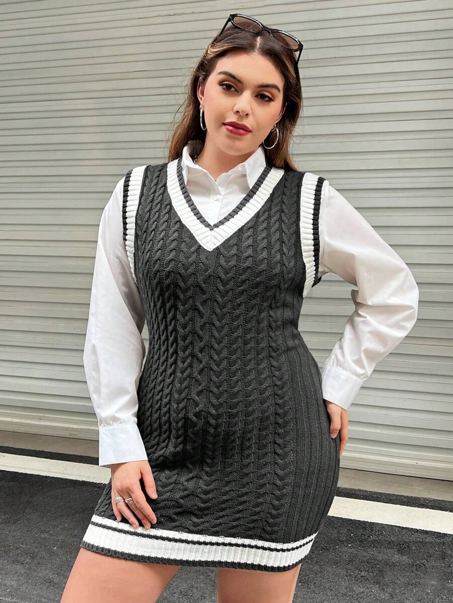 Flirla Hơn Sọc trang trí Xoắn Dan Đầm Áo len Không có áo lót - Nhiều màu - Xem 1