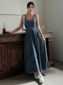DAZY Women's Waist Cinched Long Casual Suspender Dress, Sexy Denim Dress For Summer Maxi Dress - Dusty Blue - View 1