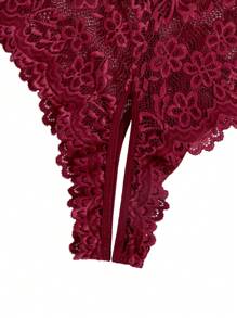 Floral Lace Scallop Trim Crotchless Teddy Bodysuit Lingerie - Burgundy - View 8
